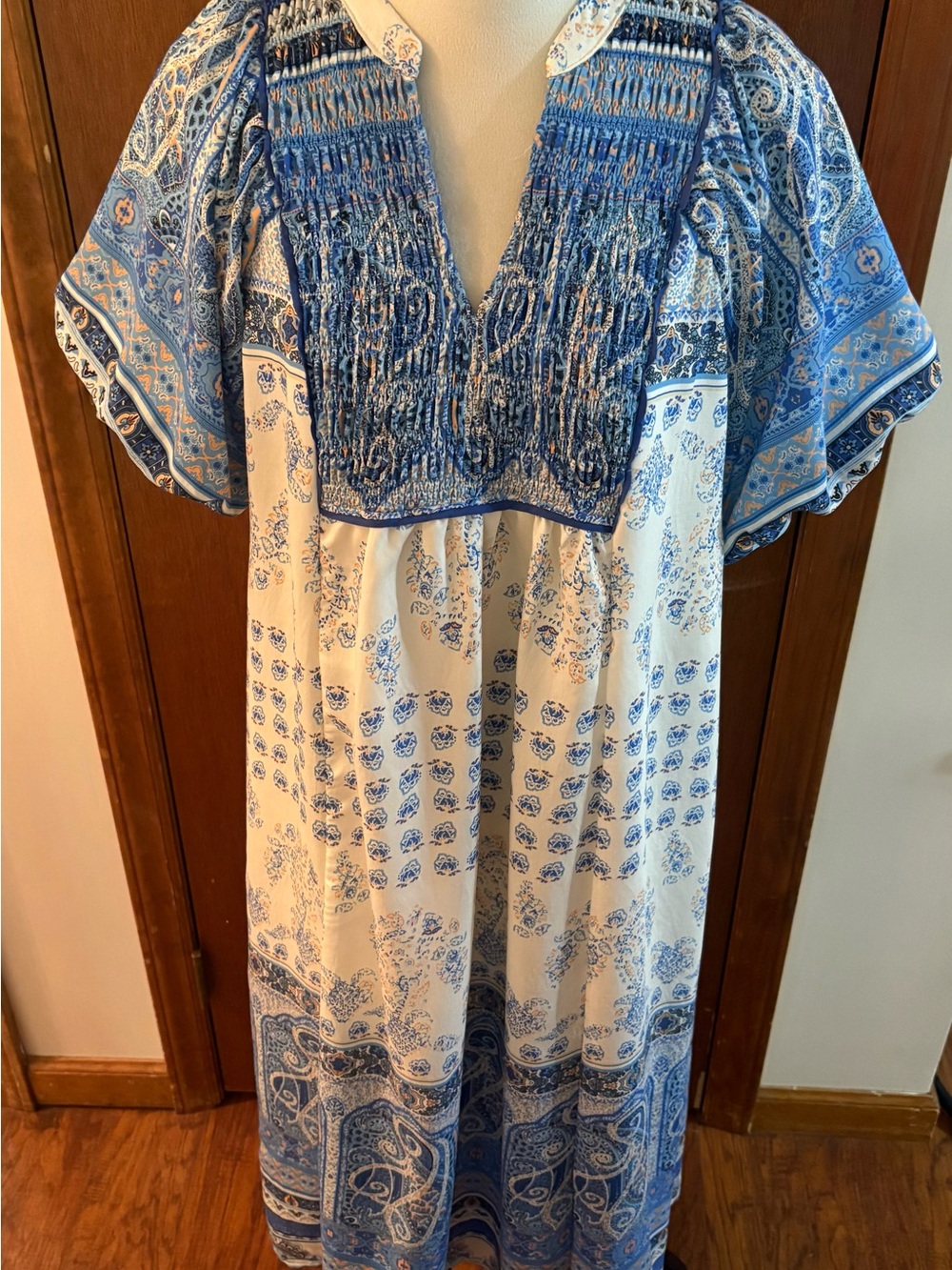 Blue & Cream Smocked Paisley Midi Dress